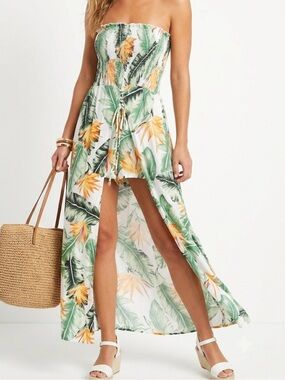 Tropical Floral Romper Maxi Dress Strapless Smocked Split Front Size Medium